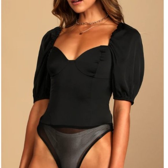 Lulu's Sweet Personality Black Puff Sleeve Bodysuit - Picture 4 of 4